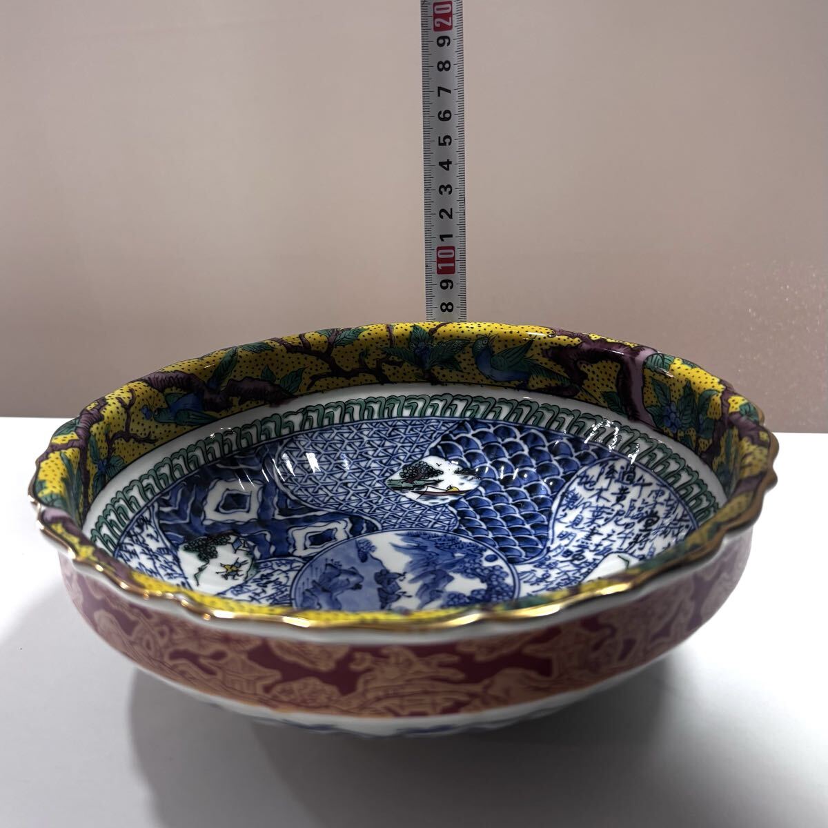 九谷焼 朱巻金彩 花鳥紋 大鉢 深皿 龍峰窯 祥端 和食器 時代物_画像6