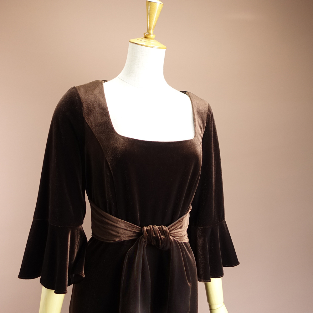 新品アドリアナパペル 8/13号 茶 チョコブラウン ベロア リボン 7分袖 ワンピース パーティ ドレス 輝31Z1503_画像2