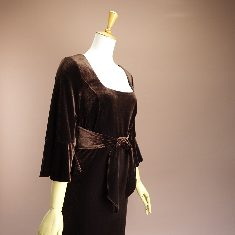 新品アドリアナパペル 8/13号 茶 チョコブラウン ベロア リボン 7分袖 ワンピース パーティ ドレス 輝31Z1503_画像3