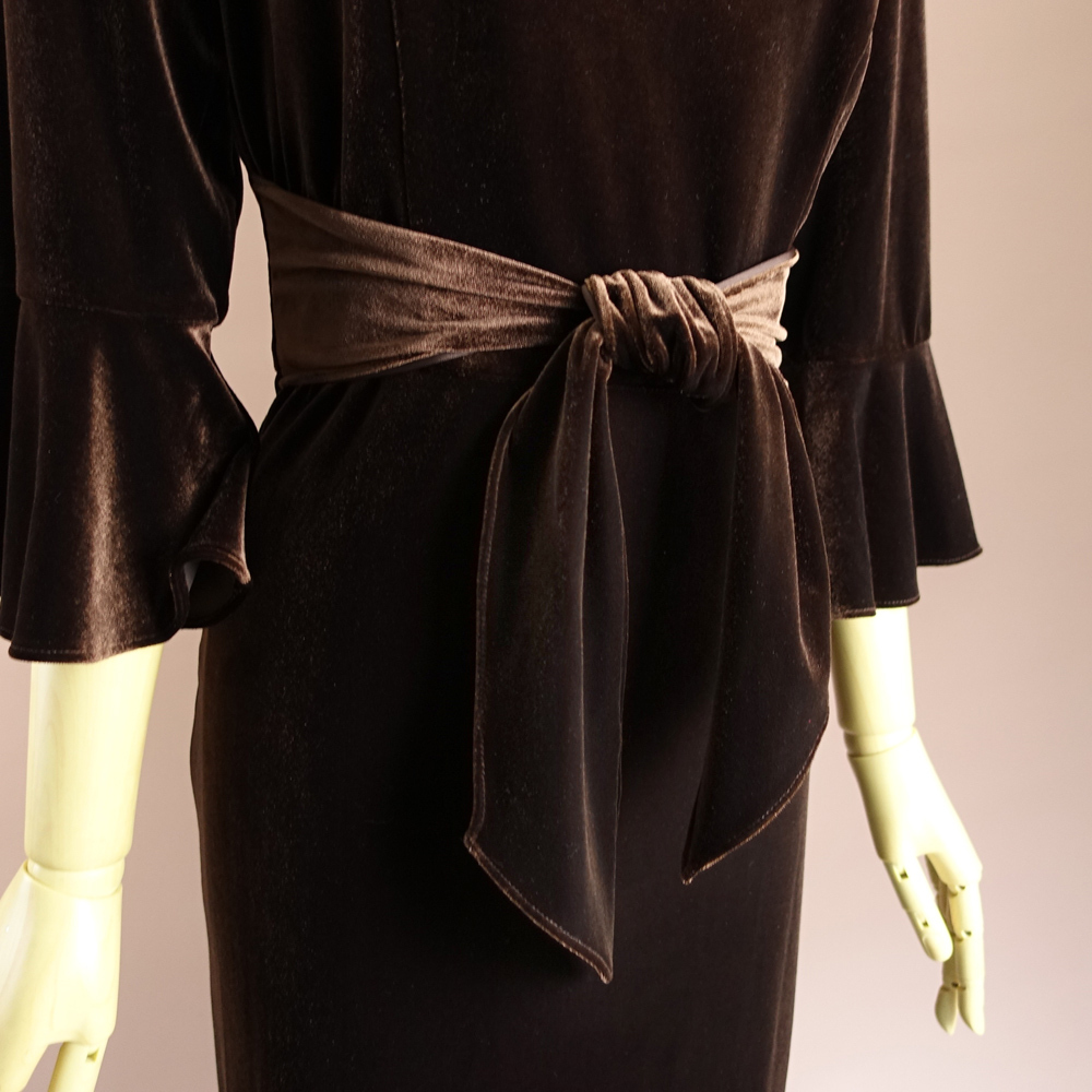 新品アドリアナパペル 8/13号 茶 チョコブラウン ベロア リボン 7分袖 ワンピース パーティ ドレス 輝31Z1503_画像4