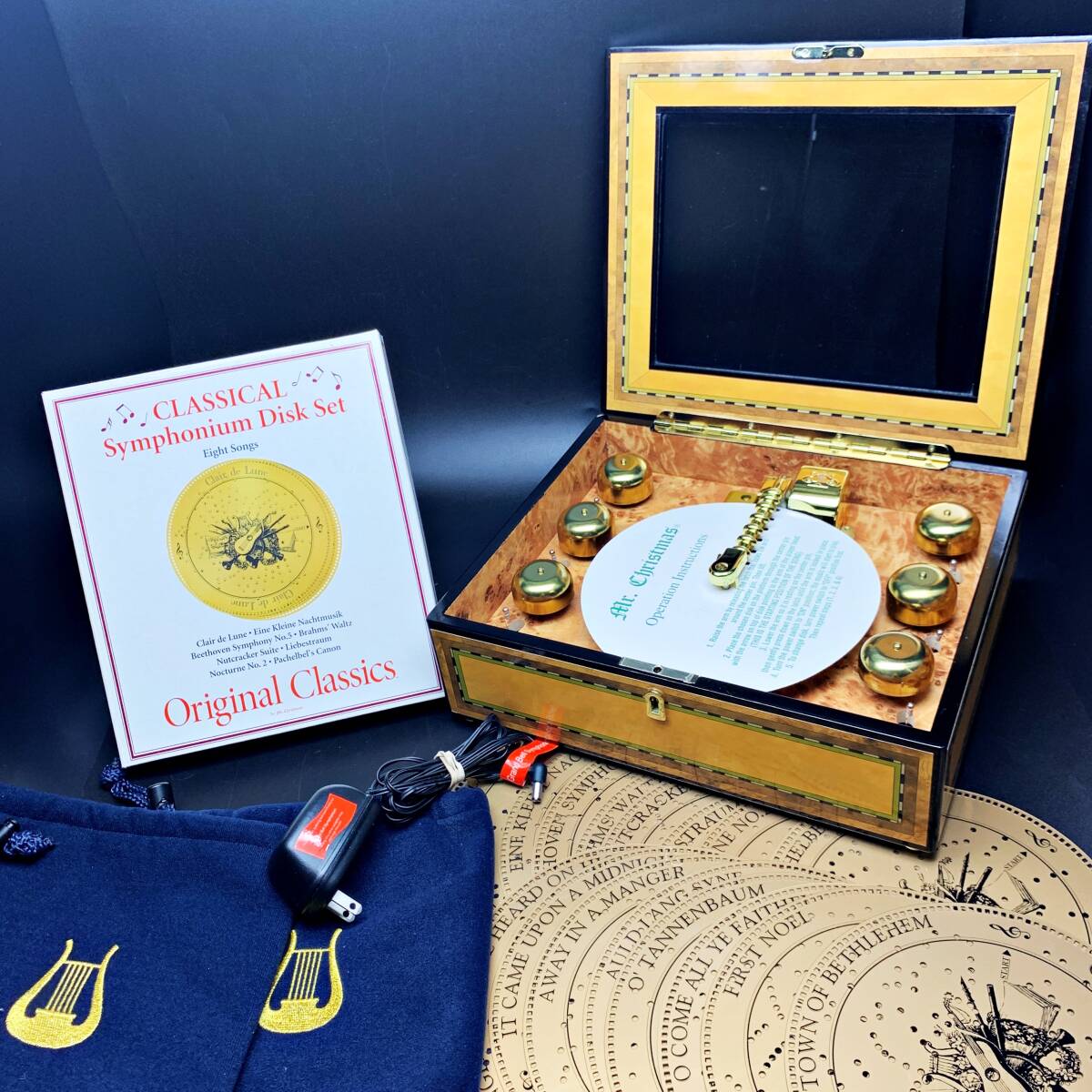 [ анимация есть редкость ] Mr. Рождество 6 bell музыкальная шкатулка диск 16 листов Mr. Christmas Grand Bell Grand bell из дерева Vintage редкость искривление 