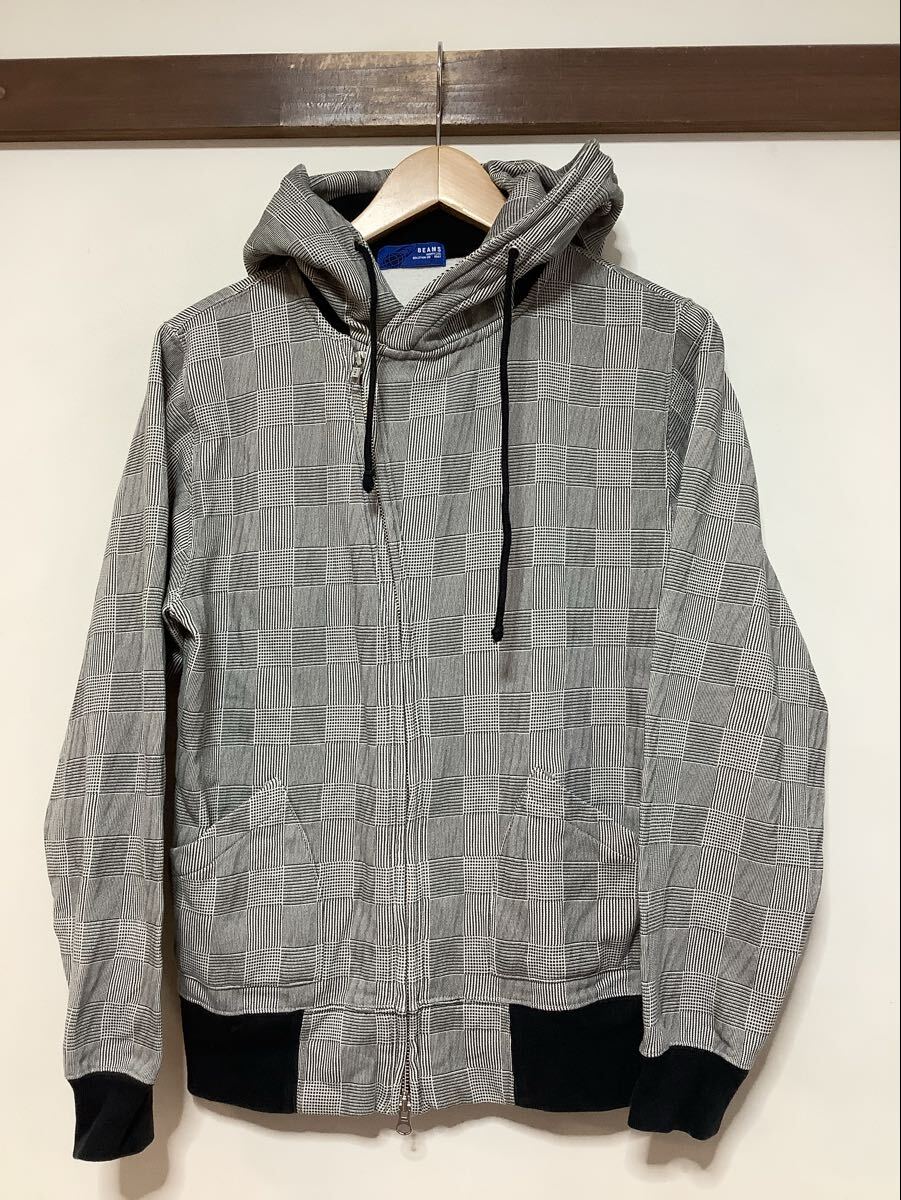す1733 BEAMS ビームス ジップアップパーカー M グレンチェック グレー 裏起毛 斜めジップ 小さめ タイト_画像1