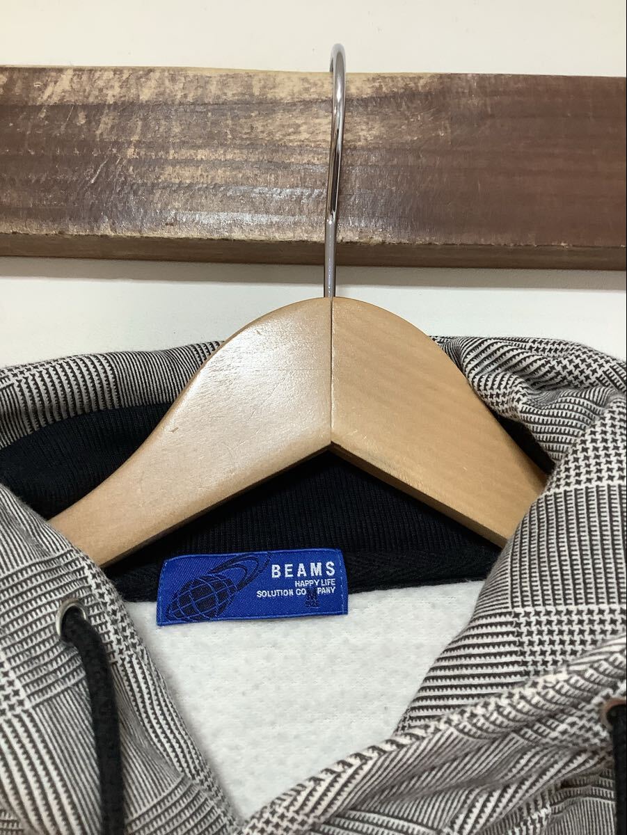 す1733 BEAMS ビームス ジップアップパーカー M グレンチェック グレー 裏起毛 斜めジップ 小さめ タイト_画像3