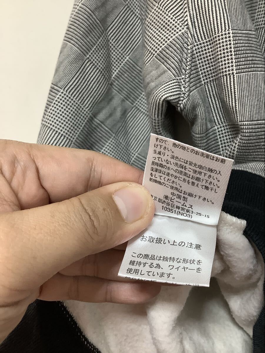 す1733 BEAMS ビームス ジップアップパーカー M グレンチェック グレー 裏起毛 斜めジップ 小さめ タイト_画像5