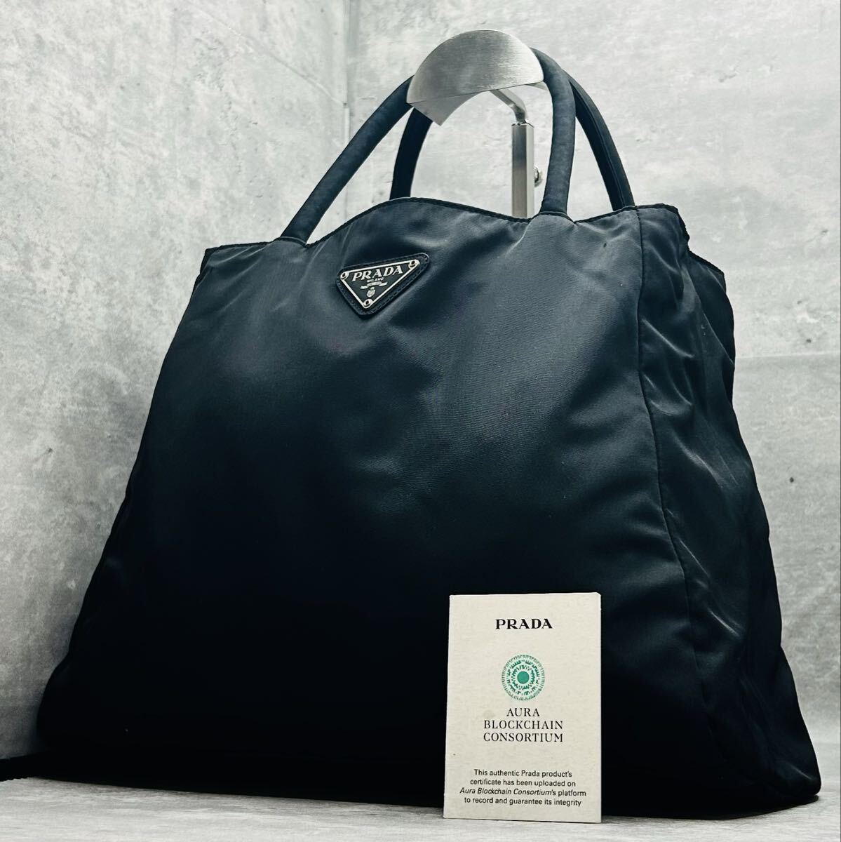 美品/大容量? PRADA プラダ メンズ ビジネス ハンドバッグ トート 三角ロゴ トライアングル プレート テスートナイロン ブラック 仕事 黒