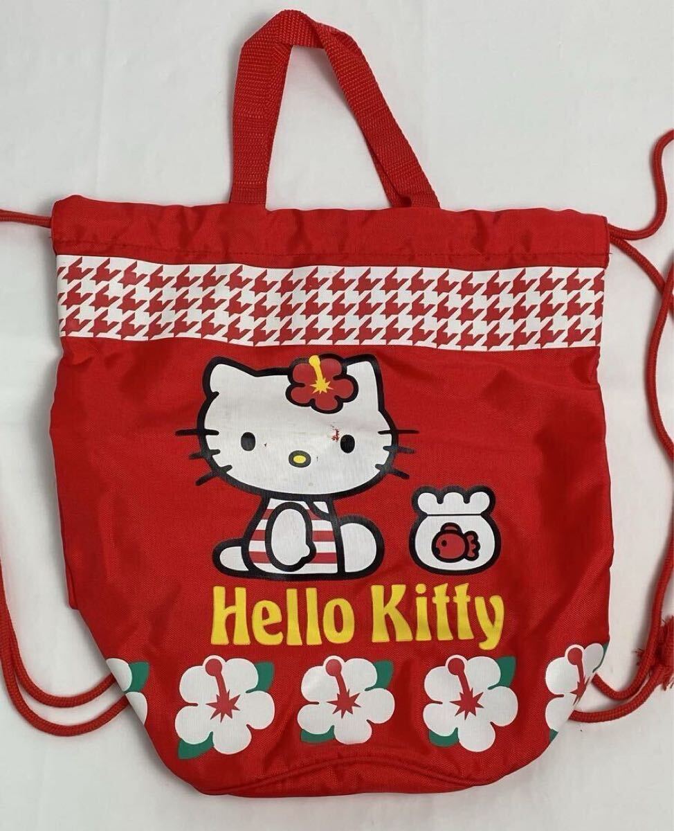 M 中古品/未使用】HELLO KITTY ハローキティ ハイビスカス ビニールバッグ・ナップザック 送料無料 キティ ミミィ 金魚鉢 レトロ 1998年_画像4