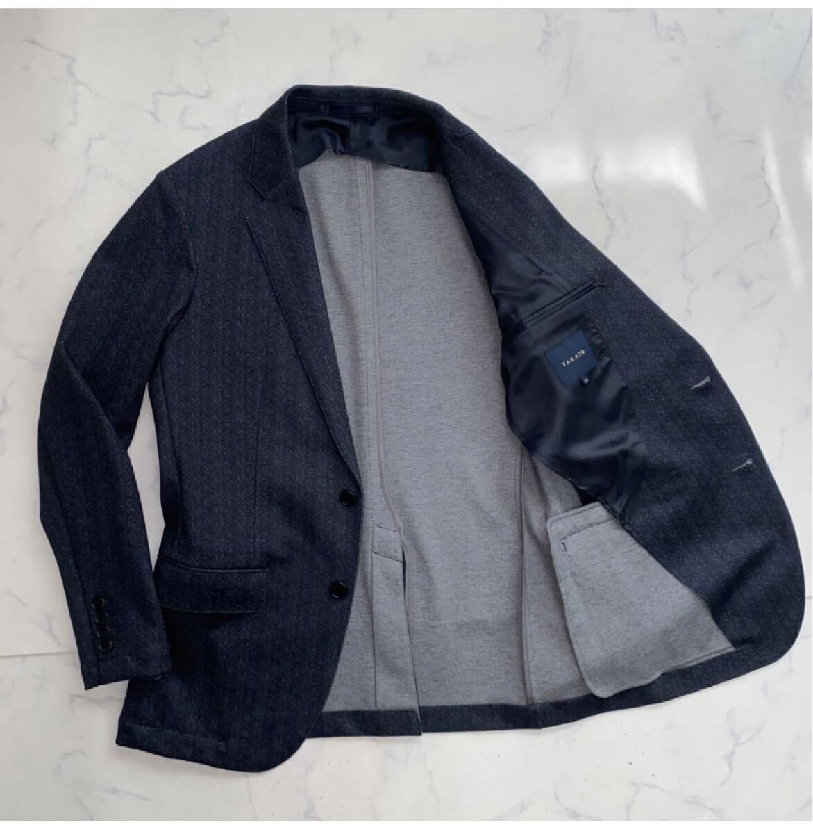 TAKA-Q M タカキュー ストレッチ ウォッシャブル ヘリンボーン 紺 ネイビー テーラードジャケット アンコンジャケット グレー TAKAQ 秋冬_画像2