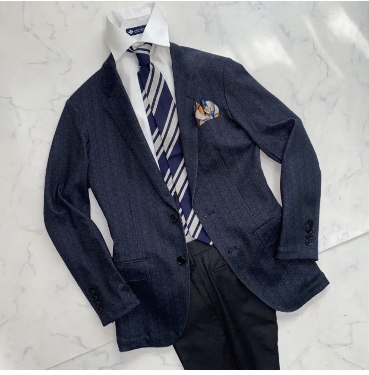 TAKA-Q M タカキュー ストレッチ ウォッシャブル ヘリンボーン 紺 ネイビー テーラードジャケット アンコンジャケット グレー TAKAQ 秋冬_画像4