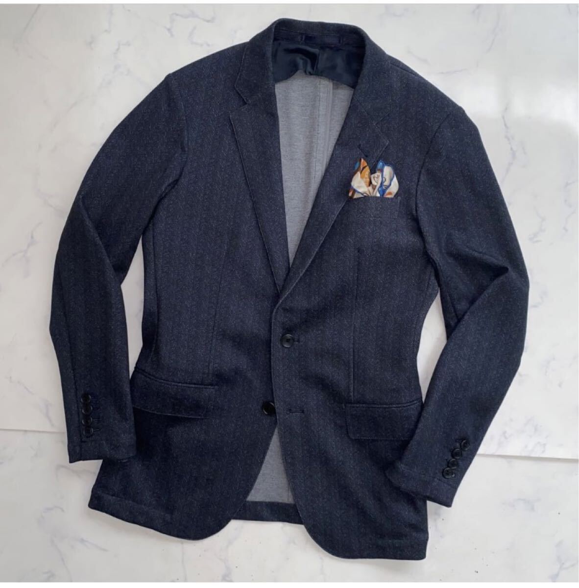 TAKA-Q M タカキュー ストレッチ ウォッシャブル ヘリンボーン 紺 ネイビー テーラードジャケット アンコンジャケット グレー TAKAQ 秋冬_画像7