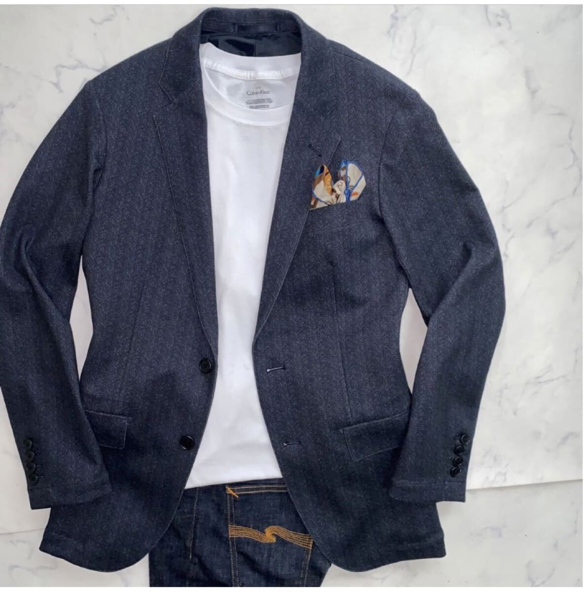 TAKA-Q M タカキュー ストレッチ ウォッシャブル ヘリンボーン 紺 ネイビー テーラードジャケット アンコンジャケット グレー TAKAQ 秋冬_画像10