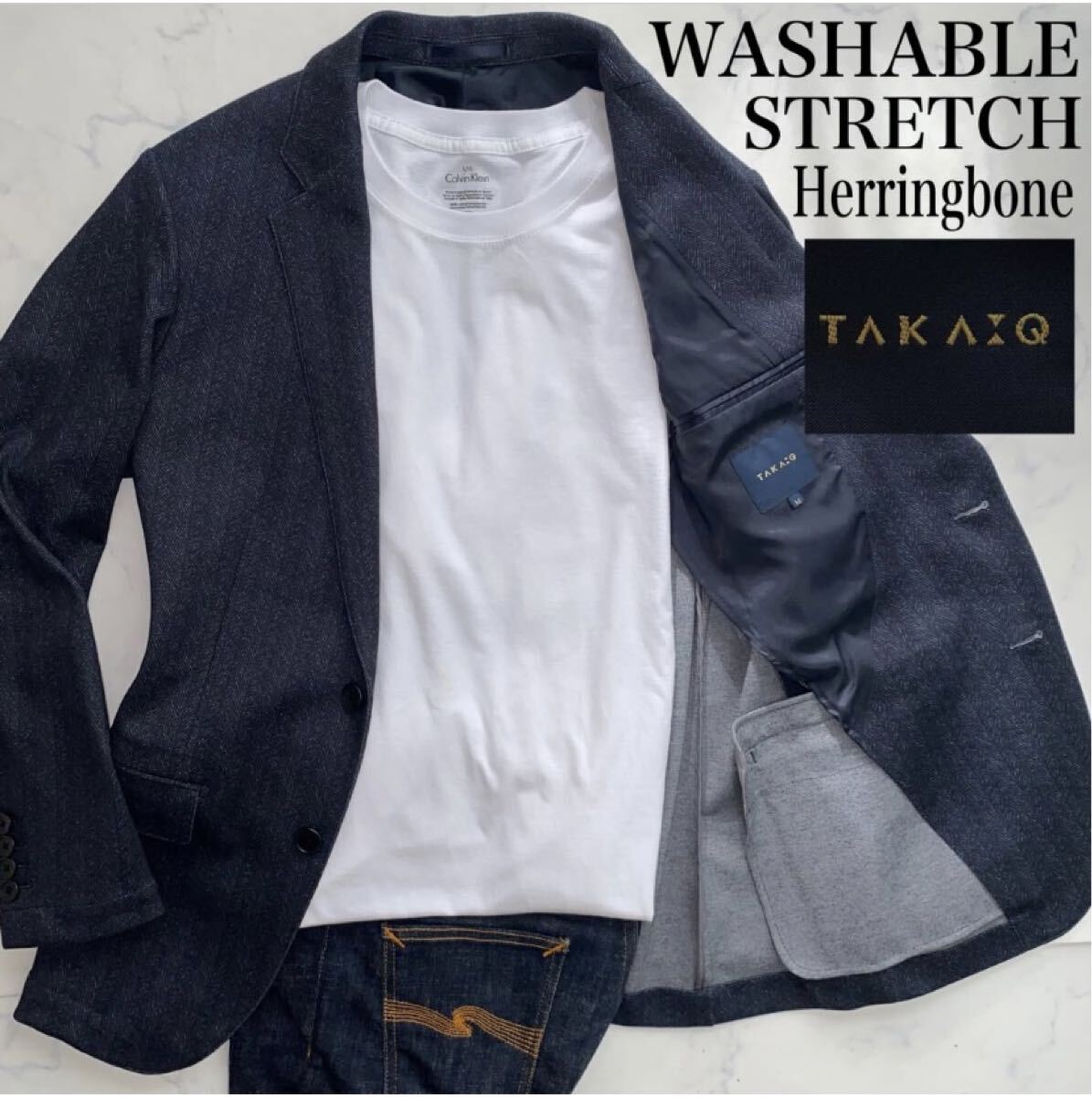 TAKA-Q M タカキュー ストレッチ ウォッシャブル ヘリンボーン 紺 ネイビー テーラードジャケット アンコンジャケット グレー TAKAQ 秋冬_画像1