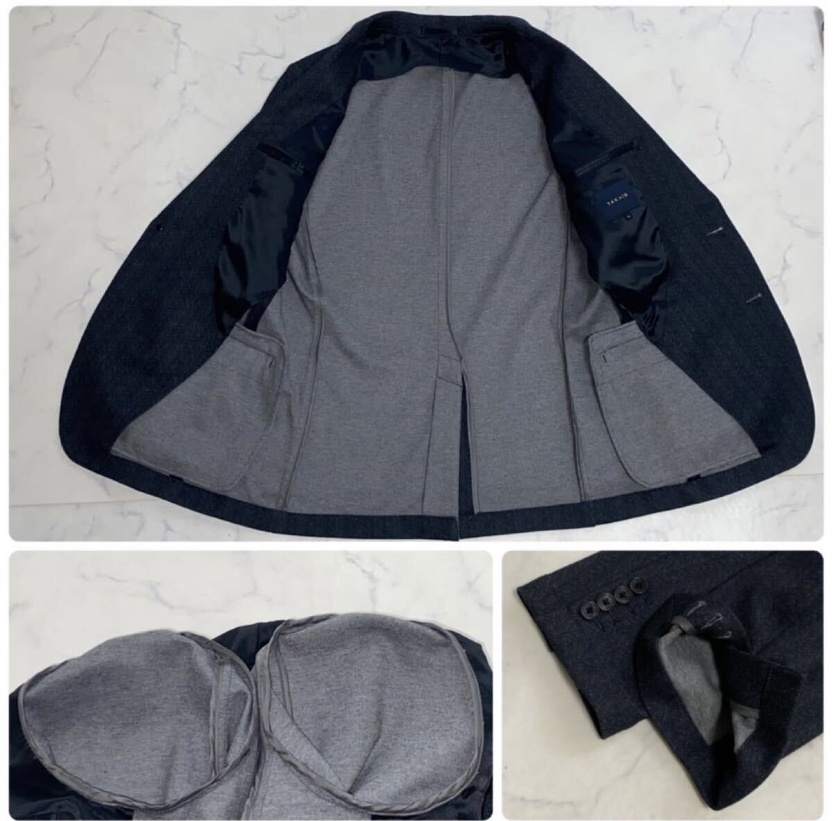 TAKA-Q M タカキュー ストレッチ ウォッシャブル ヘリンボーン 紺 ネイビー テーラードジャケット アンコンジャケット グレー TAKAQ 秋冬_画像8