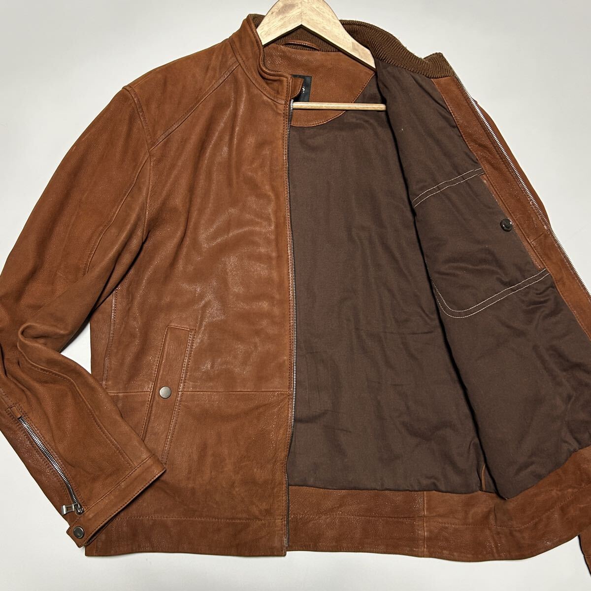 極美品【希少★2XL/XXL/52】ヒューゴボス HUGO BOSS ゴート レザー 山羊革 ライダース ジャケット ブルゾン スエード メンズ 本革 シングル_画像1