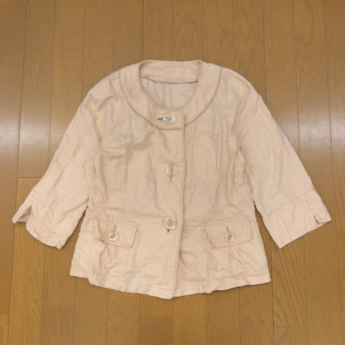 Leilian レリアン 麻 リネン コットン ノーカラー クロップドジャケット 9(M) ベージュ 日本製 ラメ入 七分袖 ショート丈 羽織り 婦人_画像1