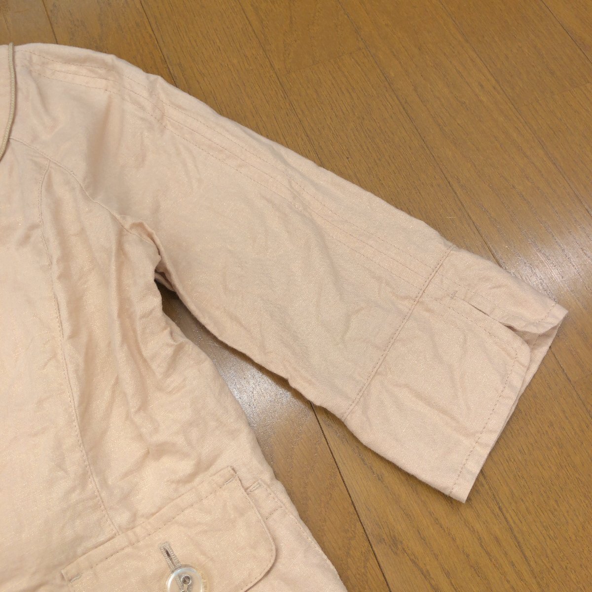 Leilian レリアン 麻 リネン コットン ノーカラー クロップドジャケット 9(M) ベージュ 日本製 ラメ入 七分袖 ショート丈 羽織り 婦人_画像5
