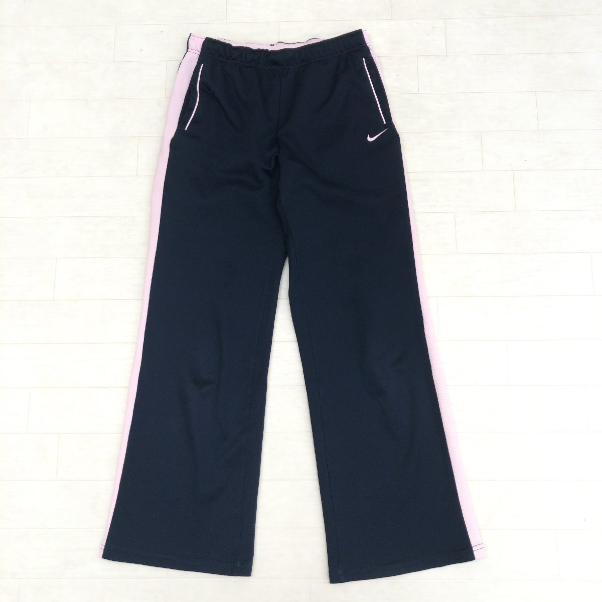 NIKE ナイキ メッシュ切替 ジャージ ワイド パンツ S 濃紺 ネイビー×ピンク トラックパンツ フレアパンツ トレーニング ジム レディース_画像1
