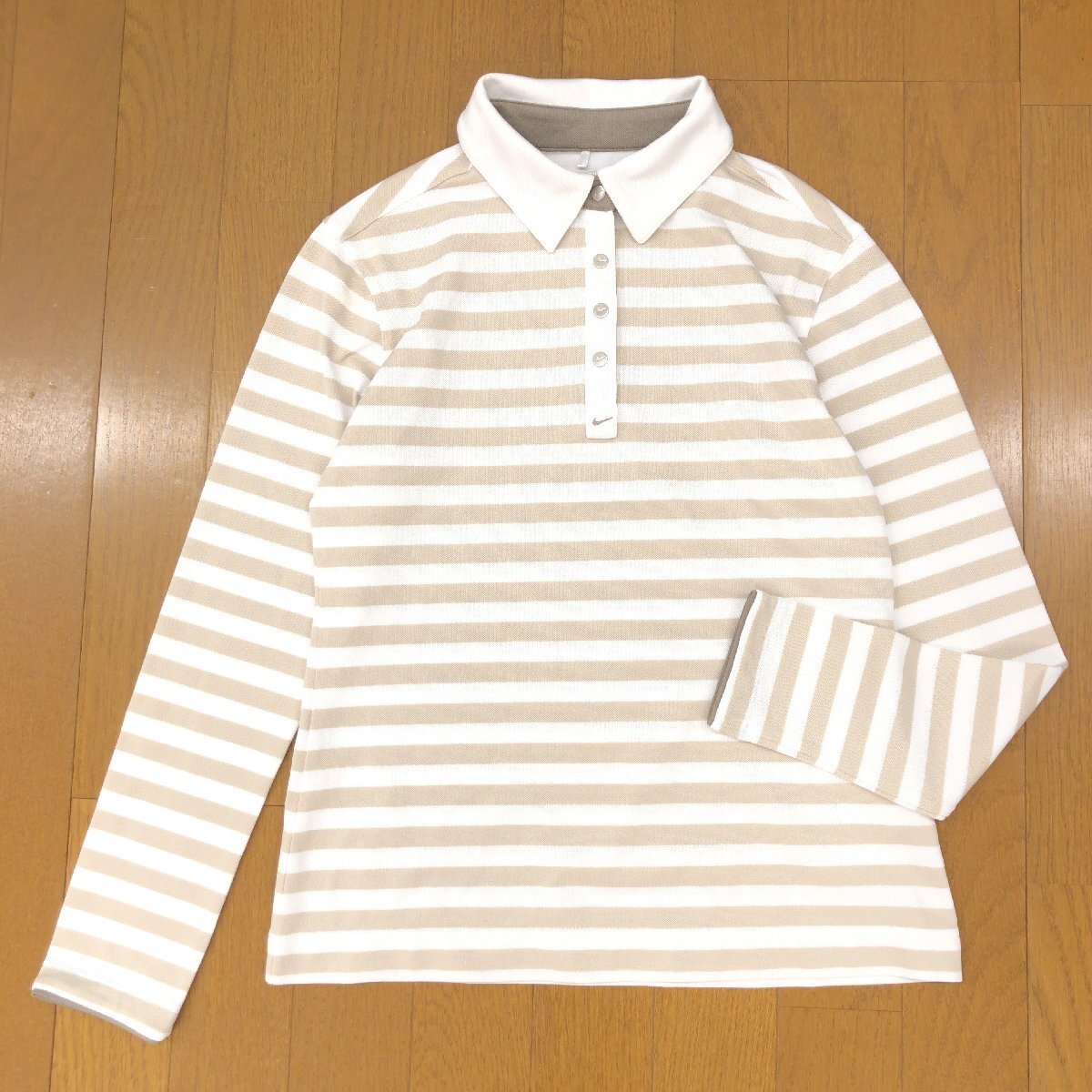 美品 NIKE GOLF ナイキゴルフ 吸水速乾 ドライ ストレッチ ボーダー ゴルフシャツ M 白 ホワイト×ベージュ ポロシャツ 長袖 レディース_画像1