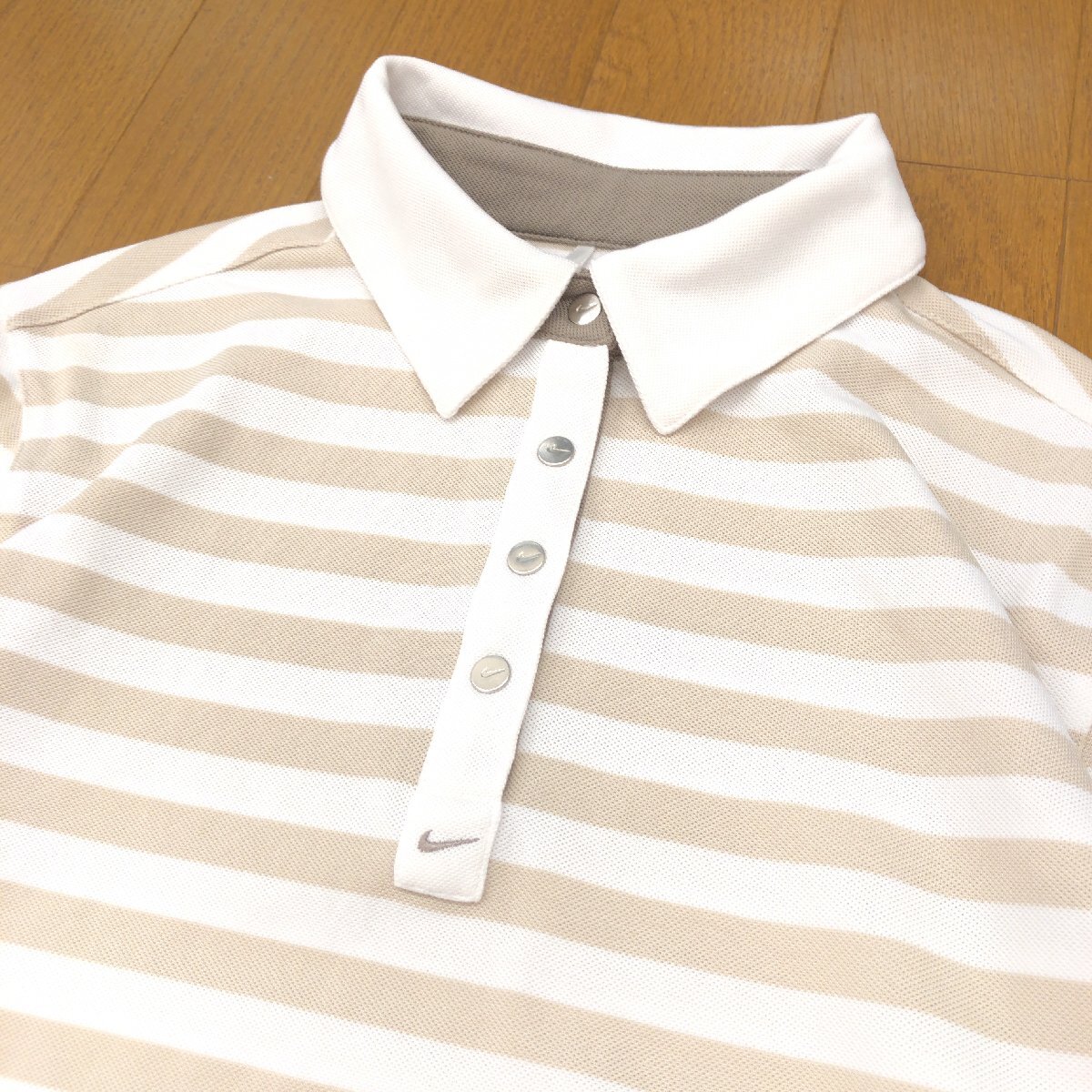 美品 NIKE GOLF ナイキゴルフ 吸水速乾 ドライ ストレッチ ボーダー ゴルフシャツ M 白 ホワイト×ベージュ ポロシャツ 長袖 レディース_画像6