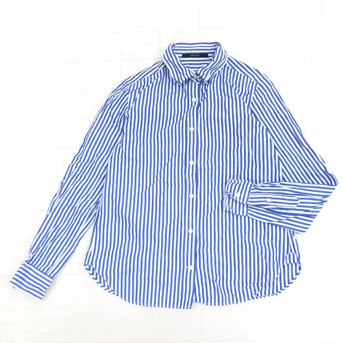 美品 MACPHEE マカフィー コットン100% ワイヤーカラー ストライプ シャツ 38(M) 白 ホワイト×ネイビー 日本製 ブラウス トゥモローランド_画像1