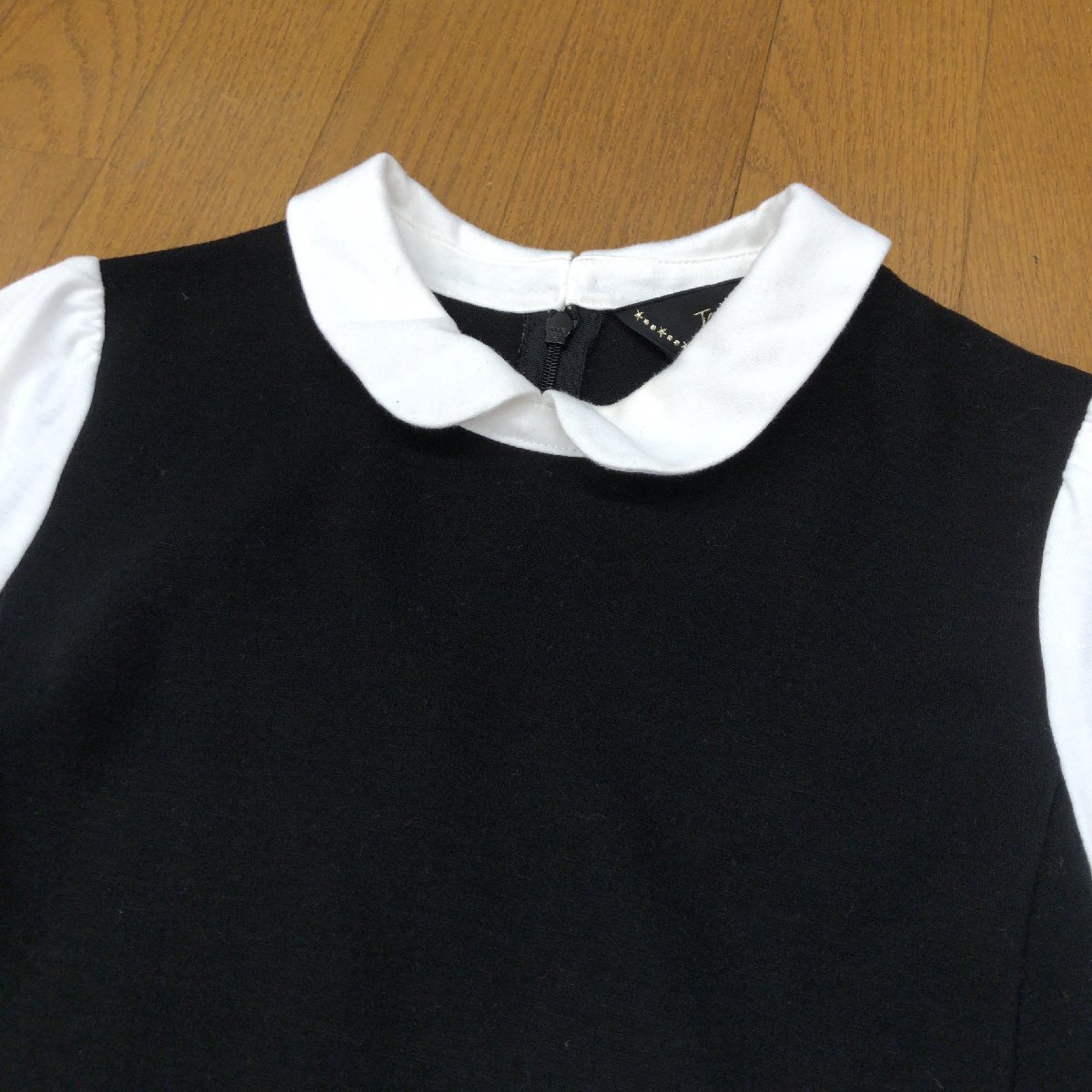 ●To b by agnes b. アニエスベー ウール混 Aライン コンビ ドレス ワンピース 36(S) 黒×白 ミディ丈 長袖 チュニック レディース_画像4