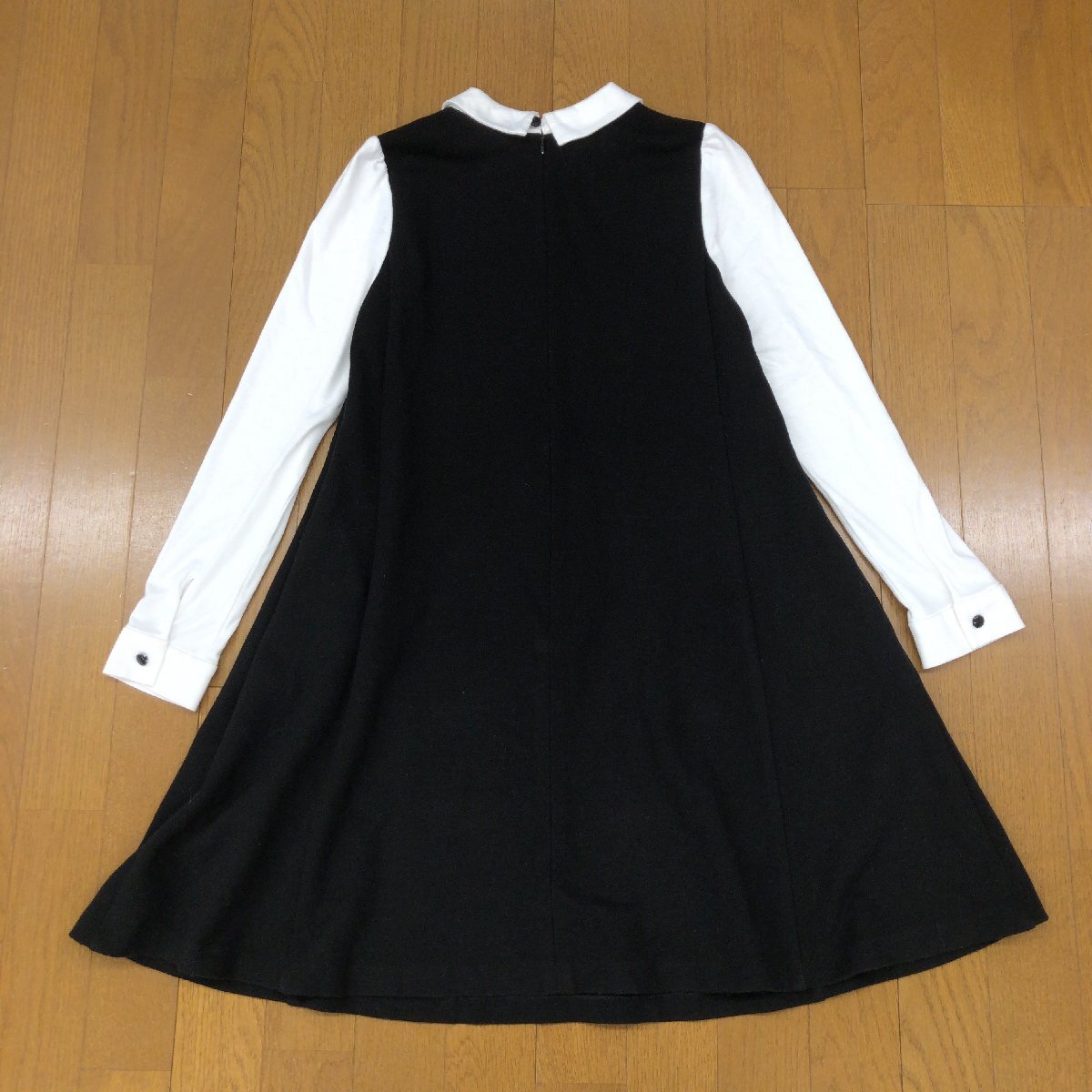 ●To b by agnes b. アニエスベー ウール混 Aライン コンビ ドレス ワンピース 36(S) 黒×白 ミディ丈 長袖 チュニック レディース_画像2