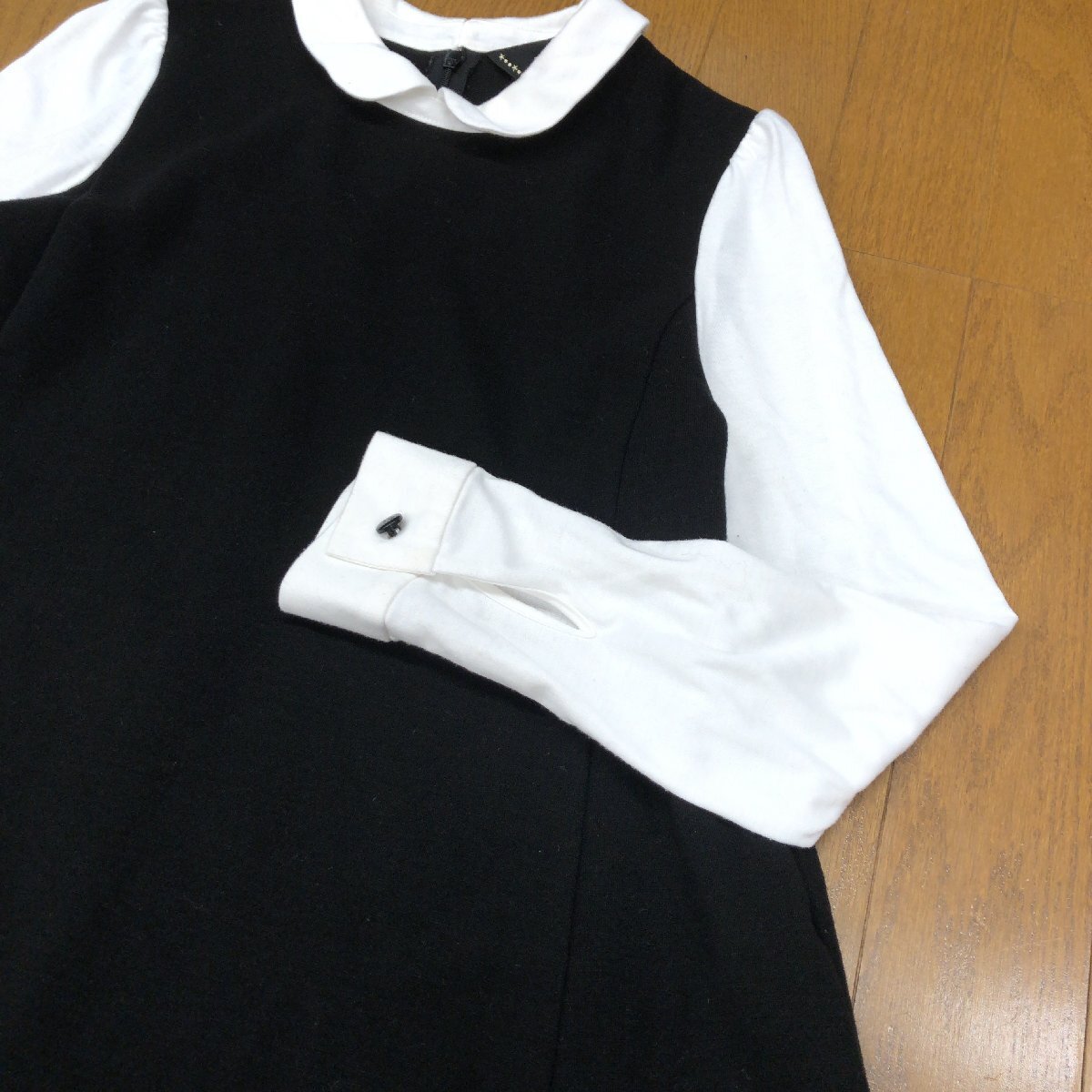 ●To b by agnes b. アニエスベー ウール混 Aライン コンビ ドレス ワンピース 36(S) 黒×白 ミディ丈 長袖 チュニック レディース_画像6