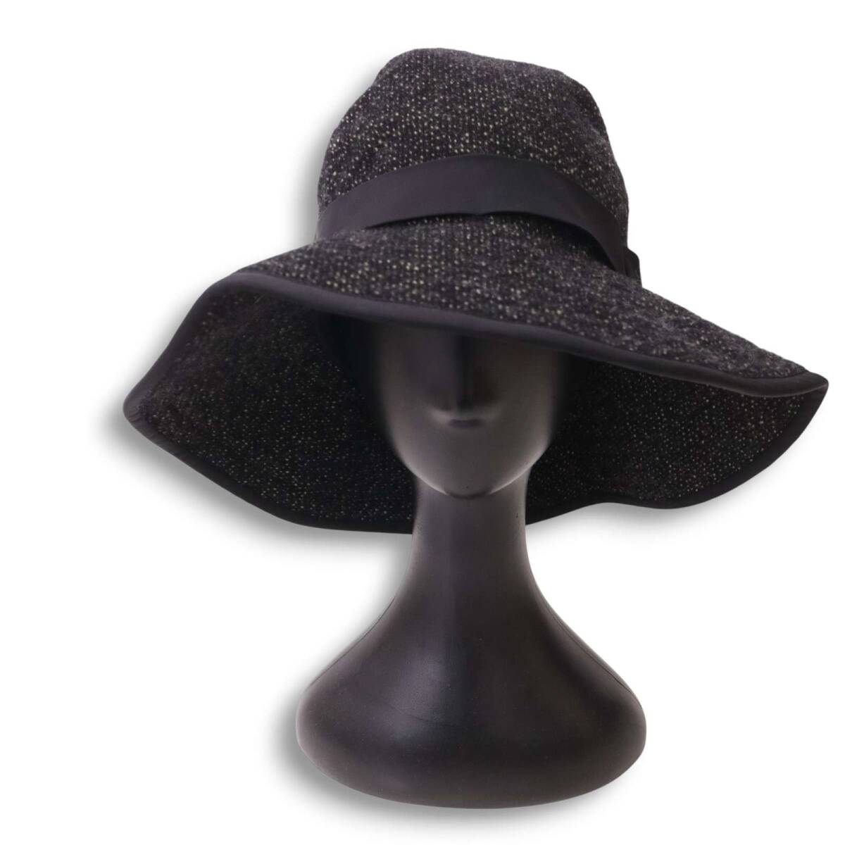 Yohji Yamamoto +NOIR ヨウジヤマモト プリュスノアール つば広 ウール ツイード フロッピー ハット Sz.F ユニセックス 黒_画像2