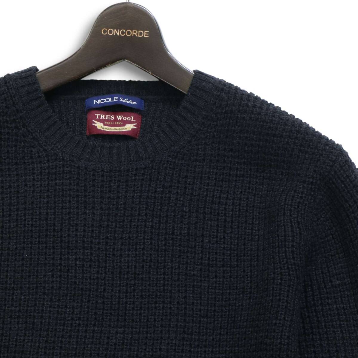 NICOLE Selection ニコル セレクション TRES ウール100%★ super 140's クルーネック ニット セーター Sz.48 メンズ 黒_画像2