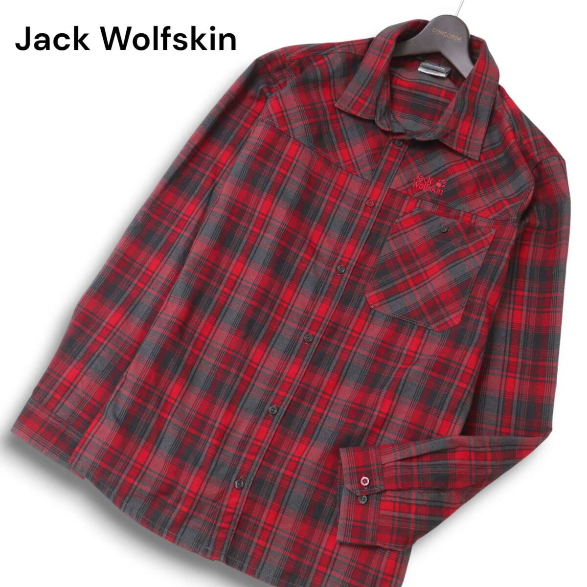 Jack Wolfskin ジャックウルフスキン 秋冬 刺繍★ SLIM FIT 長袖 チェック シャツ Sz.XL メンズ アウトドア 大きいサイズ_画像1