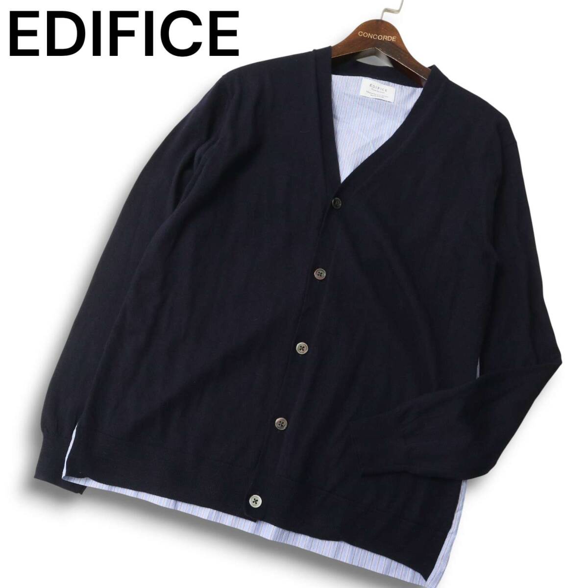 EDIFICE エディフィス 秋冬 ウール★ 切替 ストライプ ニット カーディガン Sz.48　メンズ ネイビー_画像1