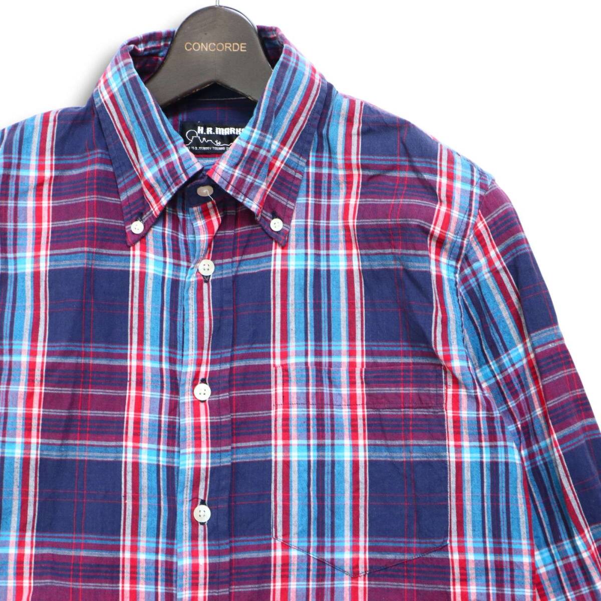 H.R.MARKET ハリウッドランチマーケット 通年 インド綿★ 長袖 ボタンダウン チェック シャツ Sz.2 メンズ 紺 ネイビー_画像2