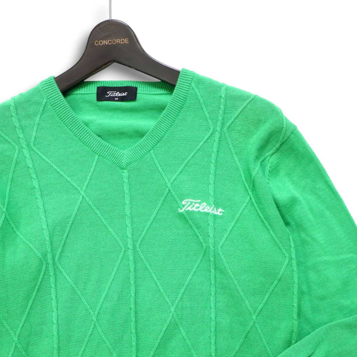 Titleist タイトリスト ゴルフ 秋冬 ロゴ刺繍★ ダイヤ柄 Vネック ニット セーター Sz.M メンズ グリーン_画像2