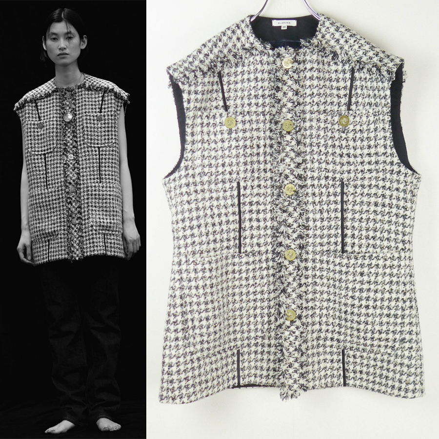 BLAMINK ブラミンク 22AW ラメツイード フリンジジレ36 ハウンドトゥース・チェック Drawer オーバーサイズ ベスト 定価17.6万円_画像1