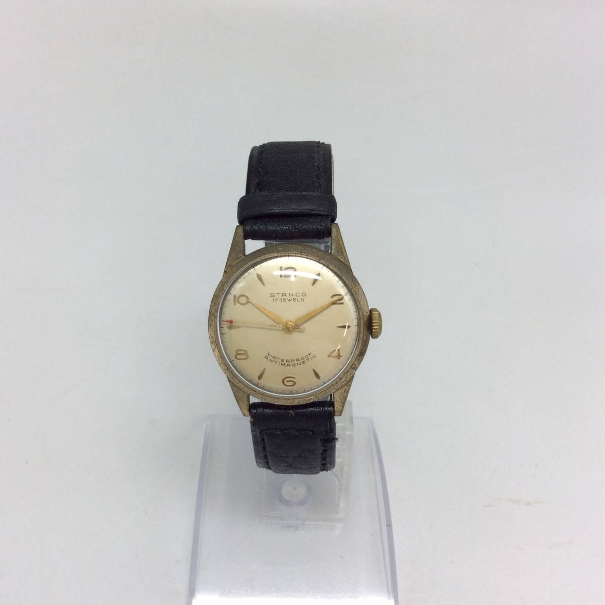 EE67△【手巻き/稼働】腕時計 STANCO スタンコ 17石 3針 ゴールドカラー ラウンド ※社外ベルト 現状品_画像1