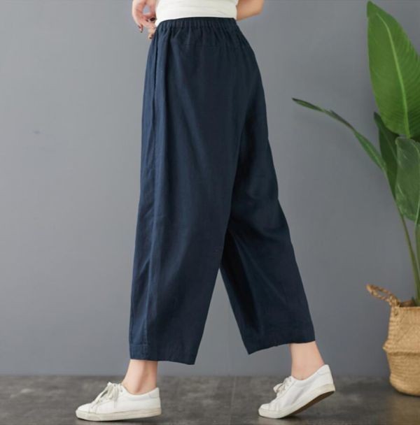 フリーサイズ■ 秋新品 ナチュラル ゆったり コットンリネン 綿麻 大きいサイズ サルエルパンツ ワイドパンツ ★ ネイビー_画像4