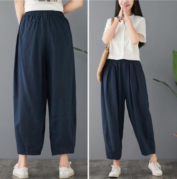 フリーサイズ■ 秋新品 ナチュラル ゆったり コットンリネン 綿麻 大きいサイズ サルエルパンツ ワイドパンツ ★ ネイビー_画像3