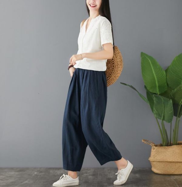 フリーサイズ■ 秋新品 ナチュラル ゆったり コットンリネン 綿麻 大きいサイズ サルエルパンツ ワイドパンツ ★ ネイビー_画像6