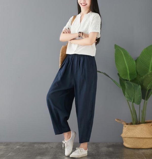 フリーサイズ■ 秋新品 ナチュラル ゆったり コットンリネン 綿麻 大きいサイズ サルエルパンツ ワイドパンツ ★ ネイビー_画像5