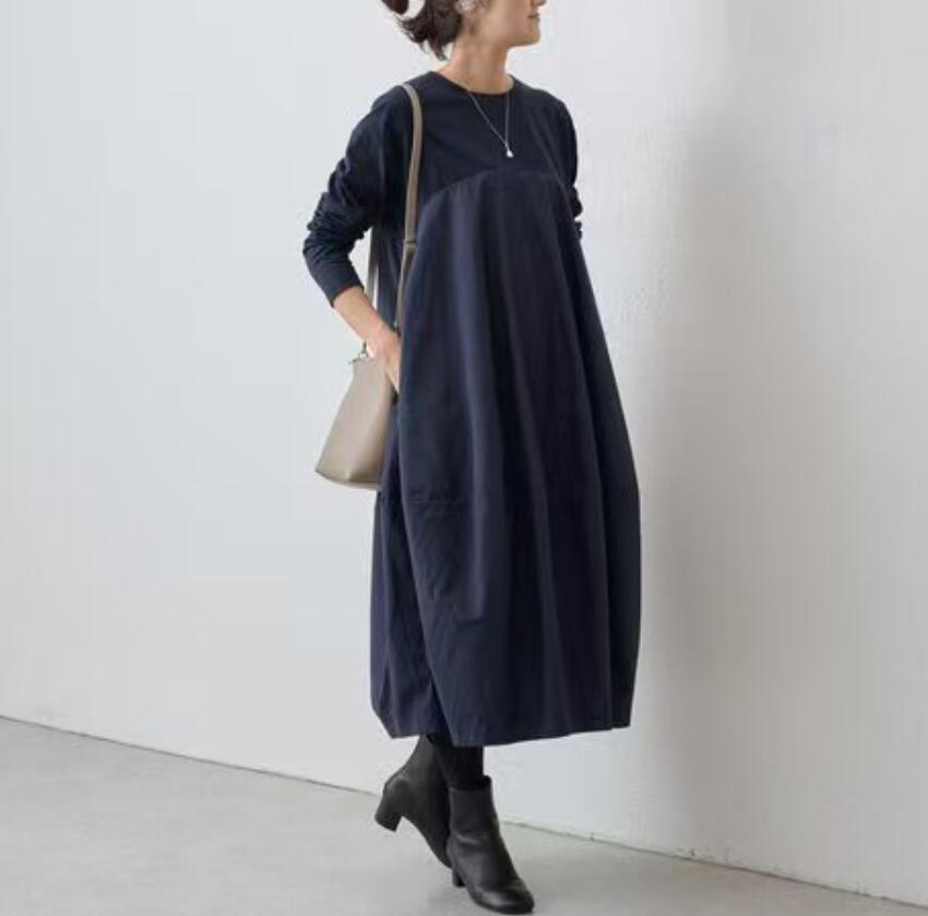 同梱1万円送料無料■TEE素材とコットン風な切り替えがおしゃれな ロング丈ワンピ 大きいサイズ ハイウエスト ロングワンピース■ネイビー_画像3