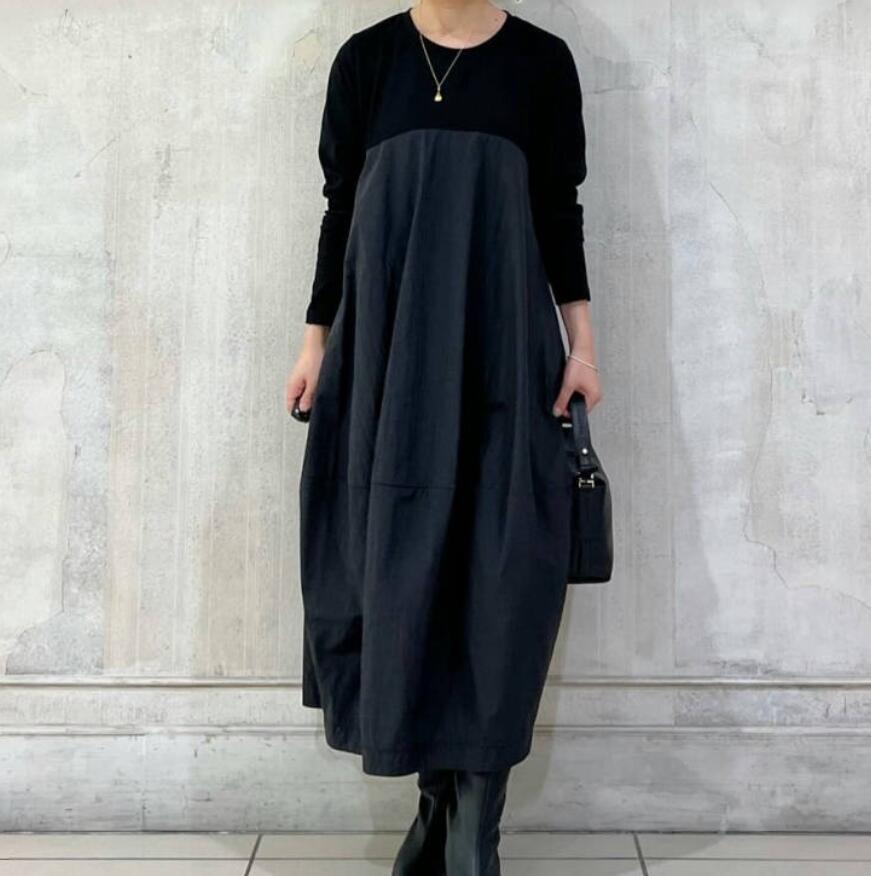 同梱1万円送料無料■TEE素材とコットン風な切り替えがおしゃれな ロング丈ワンピ 大きいサイズ ハイウエスト ロングワンピース■ネイビー_画像9