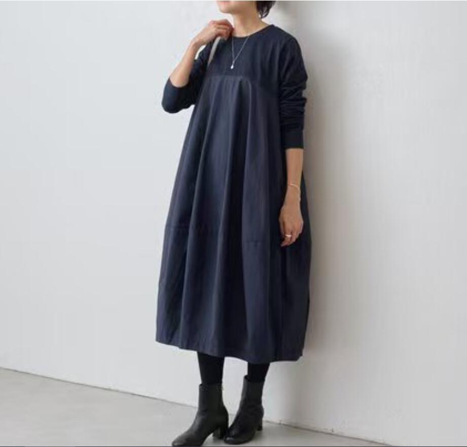 同梱1万円送料無料■TEE素材とコットン風な切り替えがおしゃれな ロング丈ワンピ 大きいサイズ ハイウエスト ロングワンピース■ネイビー_画像1