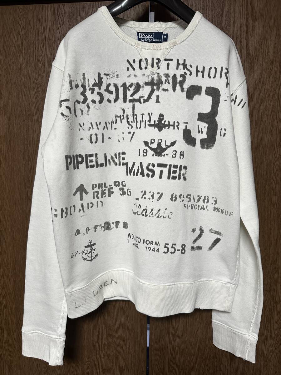 POLO RALPH LAUREN ダメージ加工 ステンシルプリント スウェット ホワイト USED M SIZE_画像1
