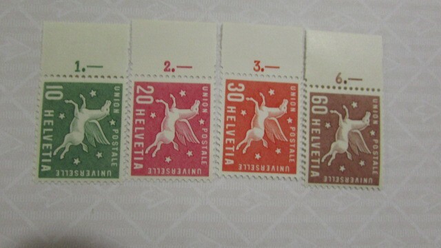 123 スイス U.P.U.(万国郵便連合);ペガサス 4種完 1957-09-16_画像1