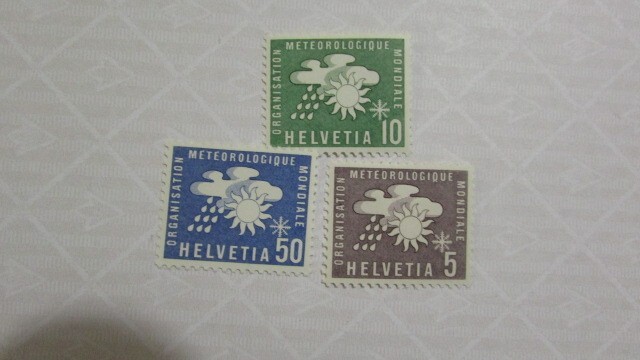 123 スイス OMM/WMO - 世界気象機関;太陽、雲、雨、雪 3種完 1956-10-22_画像1