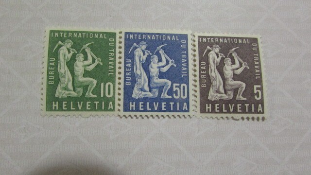 123 スイス BIT/ILO - 国際労働局;鉱夫たち 3種完 1956-10-22_画像1