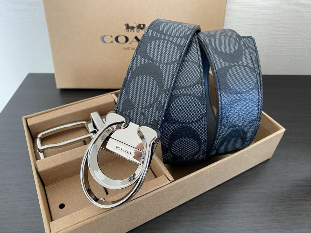 COACH シグネチャー リバーシブル シルバーバックル 回転可能　高級感メンズベルト　社会人　ビジネス　新品未使用_画像2