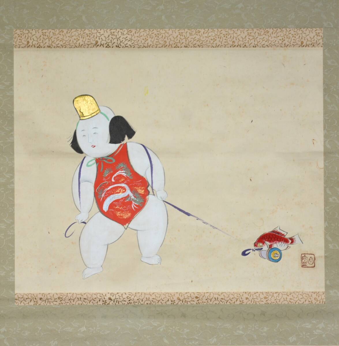 【模写】 93◆初荷です ◆掛軸 鯛をのせたきじ車を引くわらべ人形図 紙本 ◆作者お判りの方お願いします 縁起物 横物_画像2