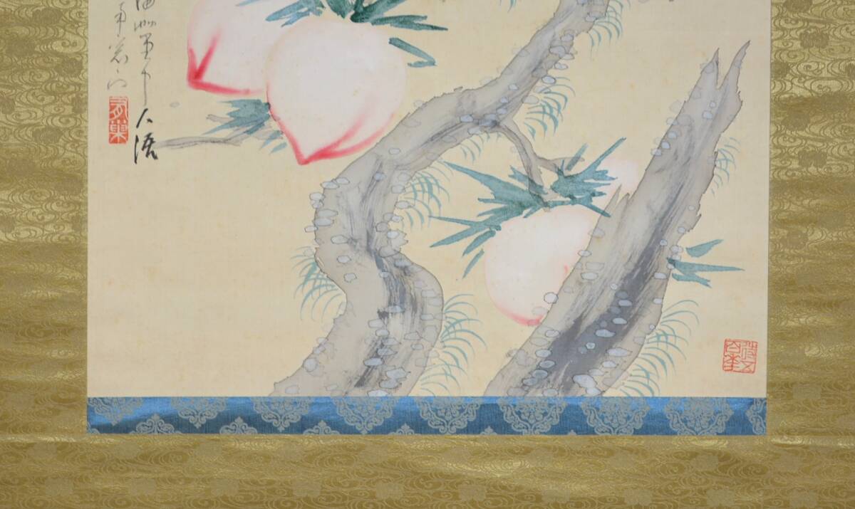 62◆初荷です ◆掛軸 溝辺有巣 設色 「不老仙桃」 真作 絹本 ◆師は福田平八郎 少しシミあり 横物_画像4