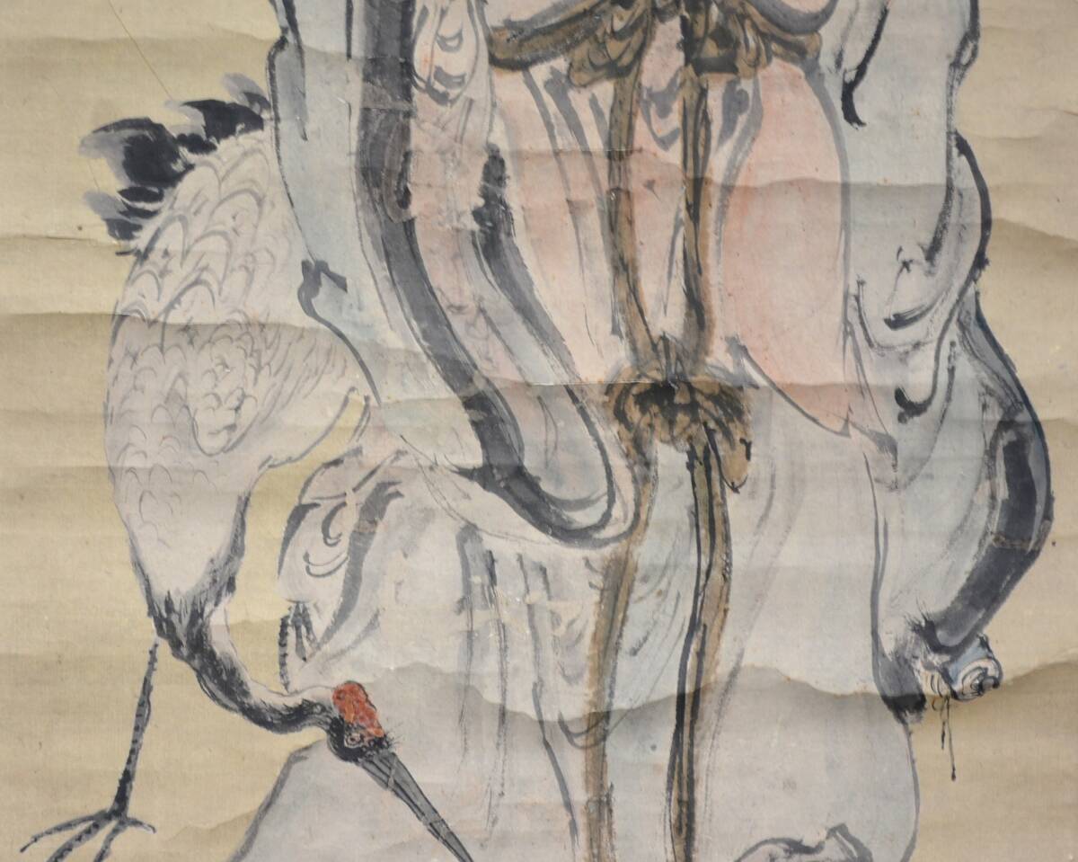 【模写】 63◆初荷です ◆掛軸 青崖酒禿？ 鶴仙人図 紙本 大幅_画像7