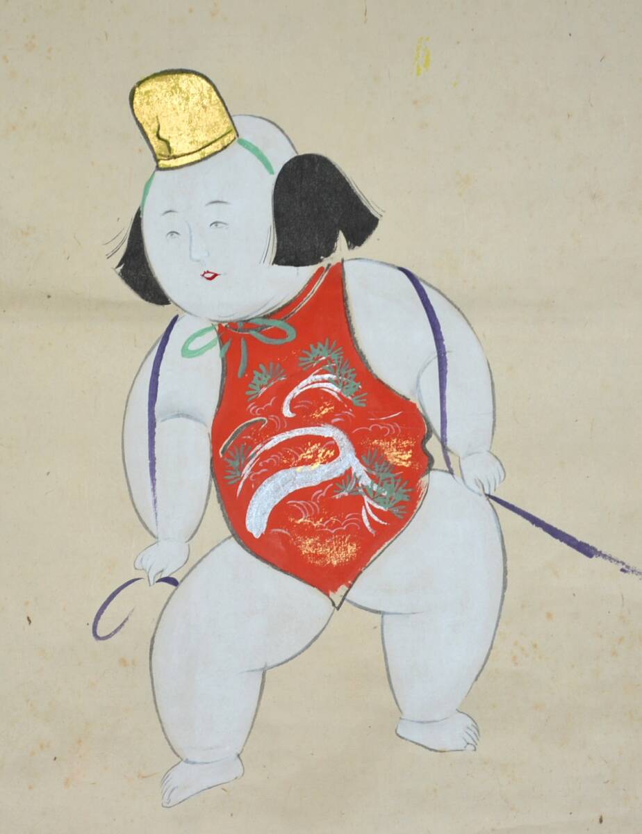 【模写】 93◆初荷です ◆掛軸 鯛をのせたきじ車を引くわらべ人形図 紙本 ◆作者お判りの方お願いします 縁起物 横物_画像3